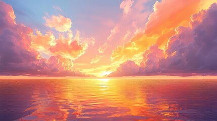 Fototapeta premium A vibrant sunset sky filled with fiery orange and pink clouds stretching across the horizon, glowing above a peaceful ocean expanse