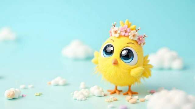 Whimsical Cartoon Chick Wearing Flower Crown Against Pastel Sky with Playful Expression Against Spring Background