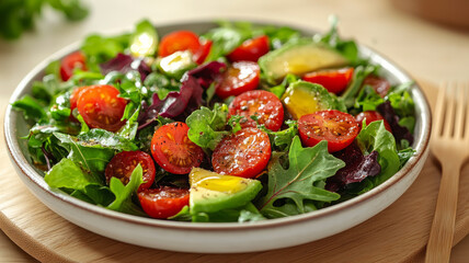 Fresh salad with tomatoes, avocado, and mixed greens on a plate.