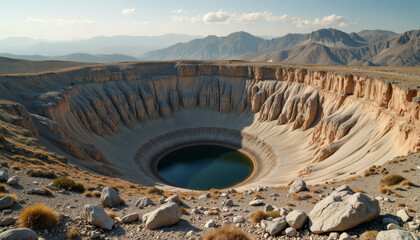 Unusual asteroid crater with bizarre rock formations, otherworldly beauty
