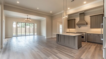 Modern open-concept kitchen and living space with hardwood floors and natural lighting
