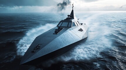 Modern Military Warship in Action on a Stormy Sea