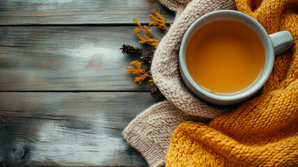 Cup of tea on wooden table with warm knitwear, cozy autumn feel.