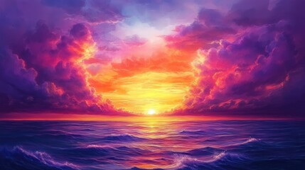 Fototapeta premium A vivid sunset over the ocean, with dramatic clouds glowing in shades of orange, pink, and purple, creating a magical evening scene
