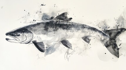 Obraz premium Monochromatic ink and watercolor illustration of a salmon, showcasing its form and texture against a background of abstract, blended gray tones.
