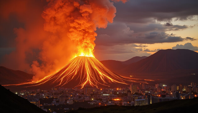 Volcano erupting with glowing lava near city, urgent evacuation - Powered by Adobe