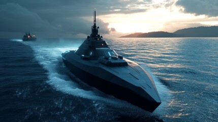 Futuristic Military Warship Navigating the Ocean