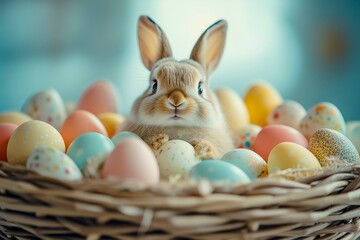 A fluffy bunny sitting in a woven basket filled with pastel-colored Easter eggs, surrounded by soft natural lighting, creates a warm and festive spring atmosphere.