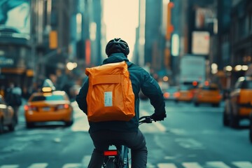 Fototapeta premium Bicycle courier delivers packages in a busy urban setting during day Generative AI