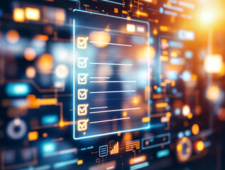 Obraz premium Digital checklist on a futuristic transparent screen, with glowing checkmarks.