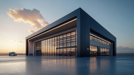 Modern aircraft hangar at sunset with clear sky and minimalist architecture