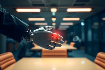 Naklejka premium A robotic hand extended forward with a glowing red light on the fingertip, set in a modern office with orange chairs, conveying a futuristic tone.