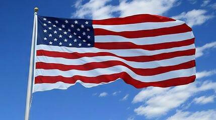 The American flag, a symbol of pride, waves beautifully against a blue sky on Memorial Day and the 4th of July.  Red, white, and blue stars and stripes flutter in the breeze.

