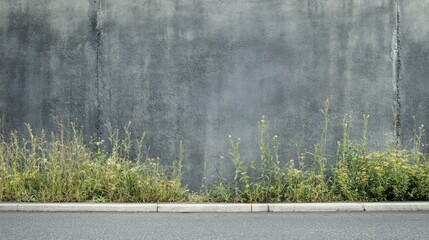 Urban concrete wall with grass and curb.  Empty road in front of gray concrete wall with small plants and wildflowers growing along the curb.