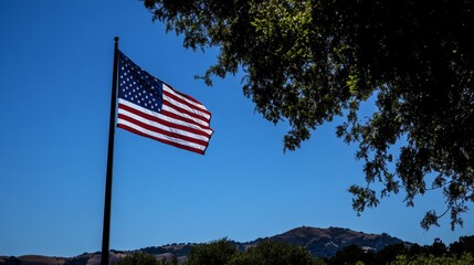 The American flag, a symbol of pride, waves beautifully against a blue sky on Memorial Day and the 4th of July.  Red, white, and blue stars and stripes flutter in the breeze.
