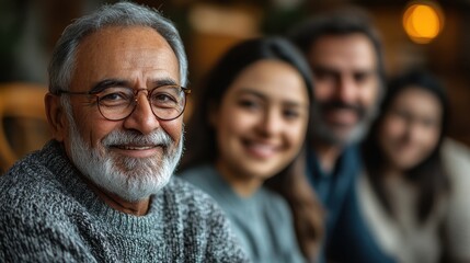 Obraz premium Elderly caucasian man smiling with family in warm setting