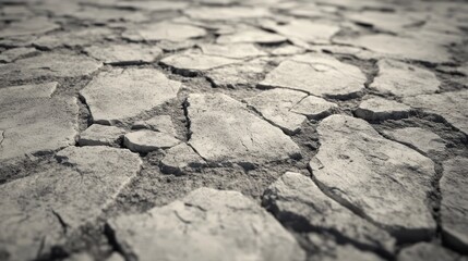 Obraz premium Close-up view of cracked, dry, arid ground. Detailed texture of fractured stones and earth.