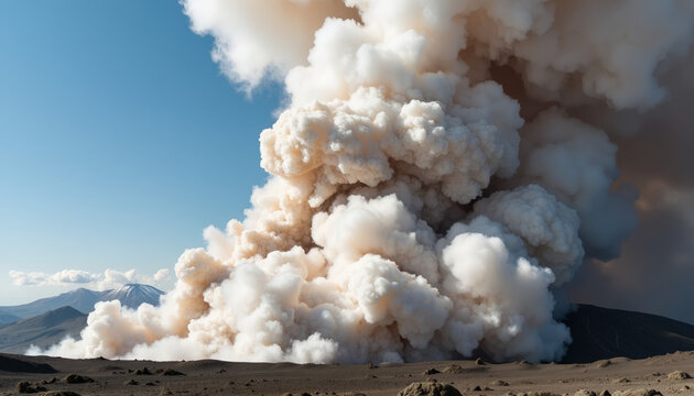 Massive pyroclastic flow engulfing landscape, volcanic eruption