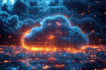 Digital cloud computing concept showcasing glowing technology in a futuristic design