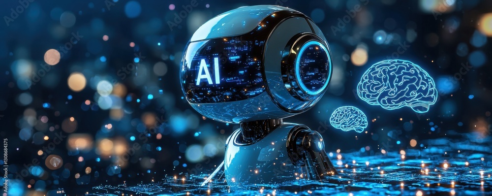 Poster orange ai-powered robot concept with futuristic interface and neural network visuals