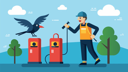 With a whistle and a laugh the attendant playfully chased some birds away from the gas pumps making sure they didnt leave any droppings behind.. Vector illustration