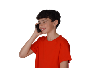 png, transparent background, isolated preteen boy with freckles happily talking on mobile phone, with red t-shirt