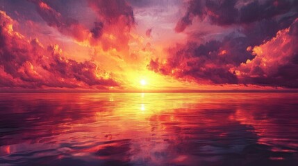Obraz premium A fiery ocean sunset with dramatic clouds painted in orange and pink tones, reflecting beautifully on the water's surface