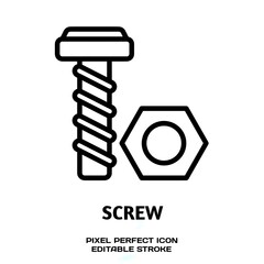 Screw editable stroke outline icon isolated on white background flat vector illustration, Pixel perfect