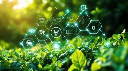 Sustainable technology concept with glowing icons overlaid on lush green foliage.