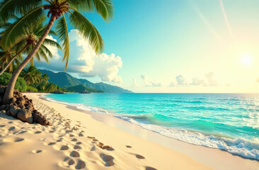 Fototapeta premium Tropical beach paradise with palm trees at sunrise