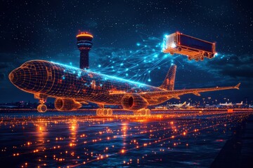 Futuristic digital airplane with holographic effects and transport concept