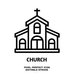 Church editable stroke outline icon isolated on white background flat vector illustration, Pixel perfect