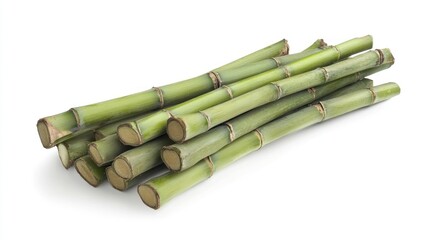 A bundle of fresh, light green bamboo stalks, close-up, isolated on white background.