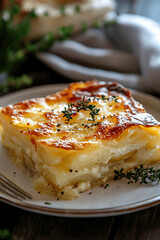 Close-up of gratin dauphinois with crispy top and creamy potato layers