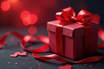 Intricate red ribbon, glowing heart gift box, blurred background Romantic, visually stunning , celebration, shiny