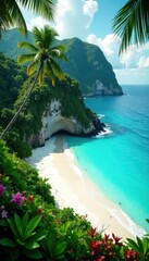 Lush vegetation, white sand beach, turquoise water, water, solitude