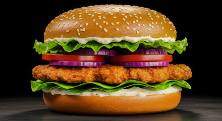 A large hamburger with lettuce, tomato, and onions. The bun is brown and has sesame seeds on it