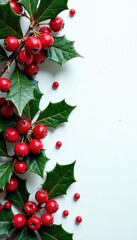 Deep red berries on dark green holly branches against a white background, snowflakes, festive