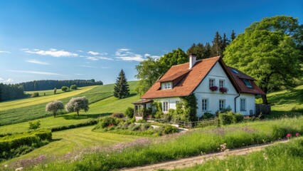 Fototapeta premium Minimalist Country Cottage Photography: Serene Rural Landscape, Idyllic Farmhouse, Peaceful Scenery