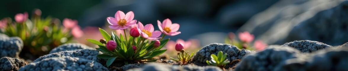 Fototapeta premium Delicate anemone flowers on a rocky outcropping, green, stems