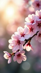 Delicate branches of cherry blossoms sway in gentle breeze under warm sun, sunlight, flowers, spring