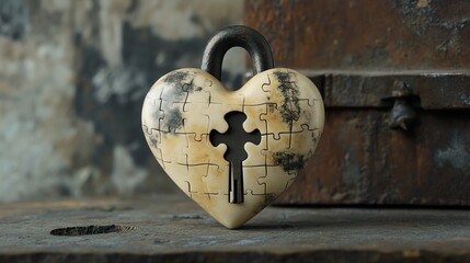 A heart-shaped padlock with a keyhole in the shape of a cross, resting on a rustic surface, symbolizing love and mystery.