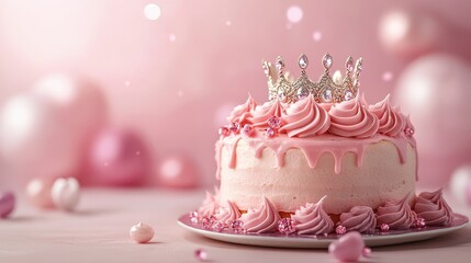 Elegant pink birthday cake with crown decoration and delicate frosting