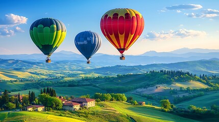 Naklejka premium Scenic Hot Air Balloon Ride over Tuscany s Rolling Hills and Farmland at Sunrise