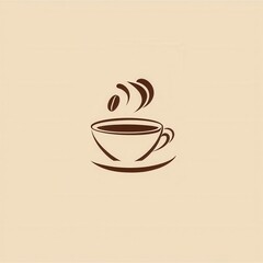 Elegant minimalist coffee cup logo with steam and scattered coffee beans in warm tones