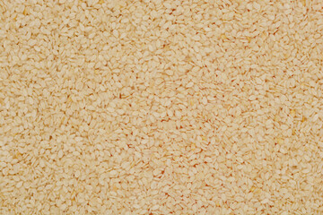 A close-up, top-down shot of a pile of hulled sesame seeds, showing their texture and natural color