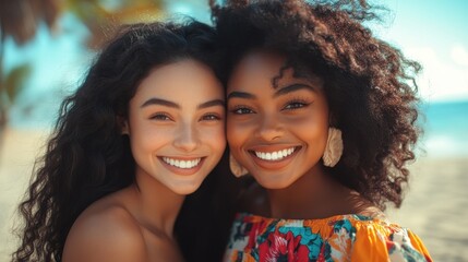 Fototapeta premium Smiling young hispanic and african females embracing on sunny beach