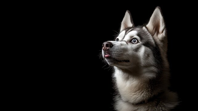 Siberian husky with blue eyes against black background in profile view