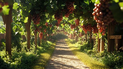 A picturesque vineyard path lined with lush grapevines and ripe clusters of grapes, bathed in warm sunlight.