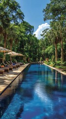 Luxurious resort pool nestled in lush tropical landscape.